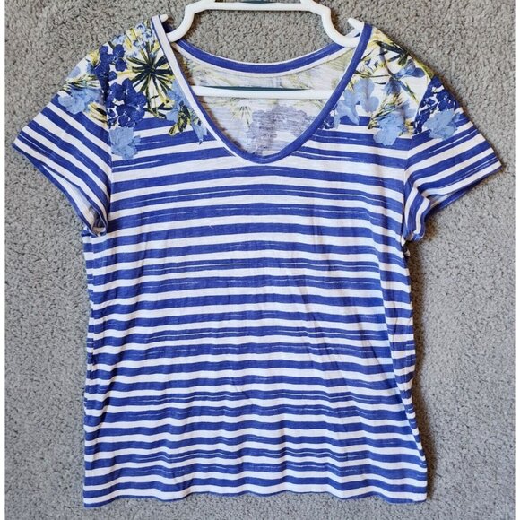 Loft Women's Short Sleeve Scoop Neck Casual T Shirt Top Striped/Floral Size M - Picture 1 of 9